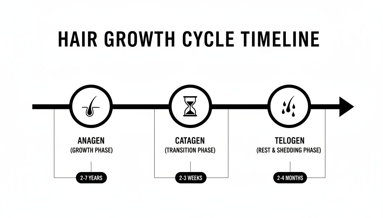 A hair growth cycle timeline showing Anagen (growth), Catagen (transition), and Telogen (rest & shedding) phases with durations.