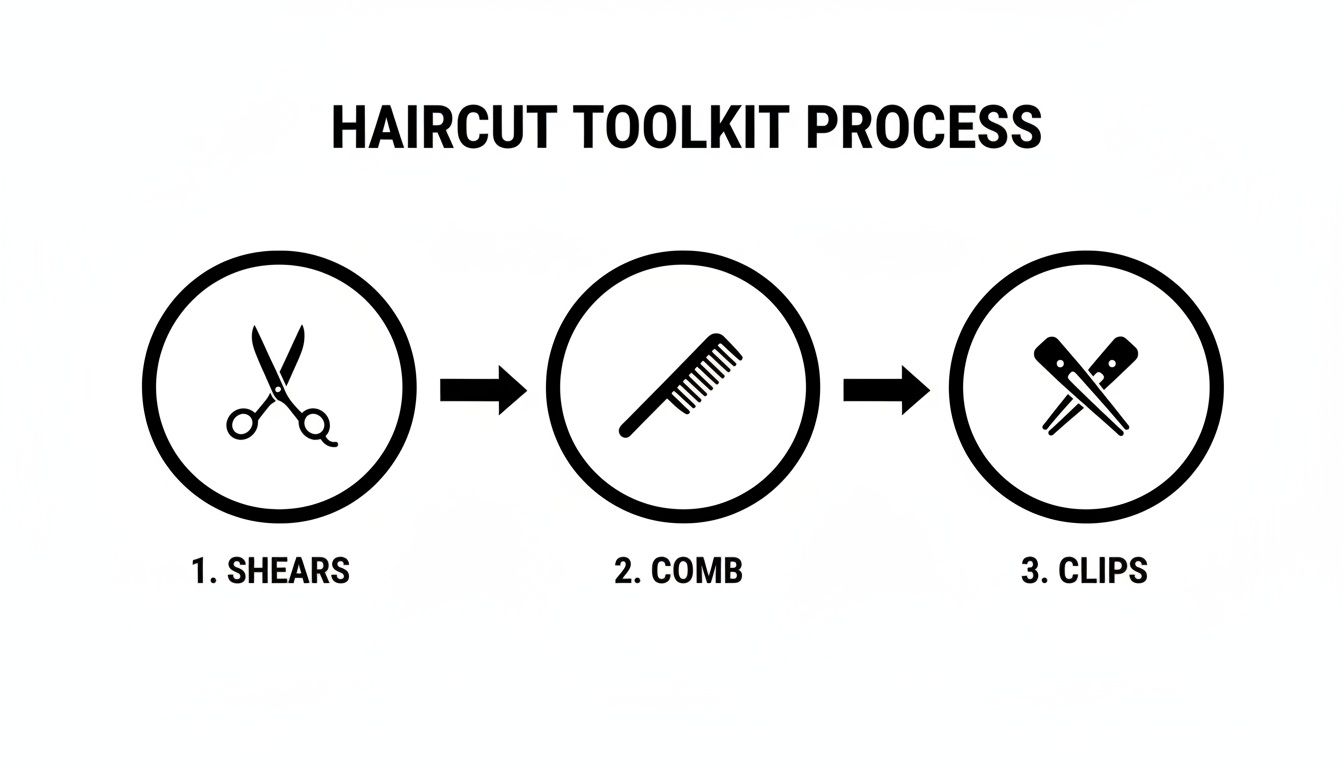 A simple flowchart illustrating the haircut toolkit process with shears, comb, and clips.