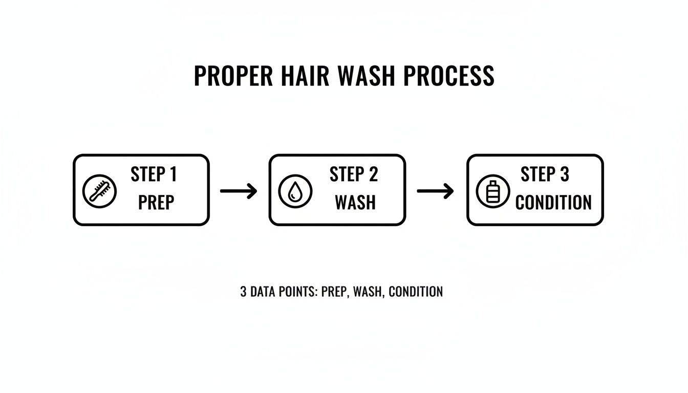 A simple flowchart illustrating the proper hair wash process with three key steps: prep, wash, and condition.
