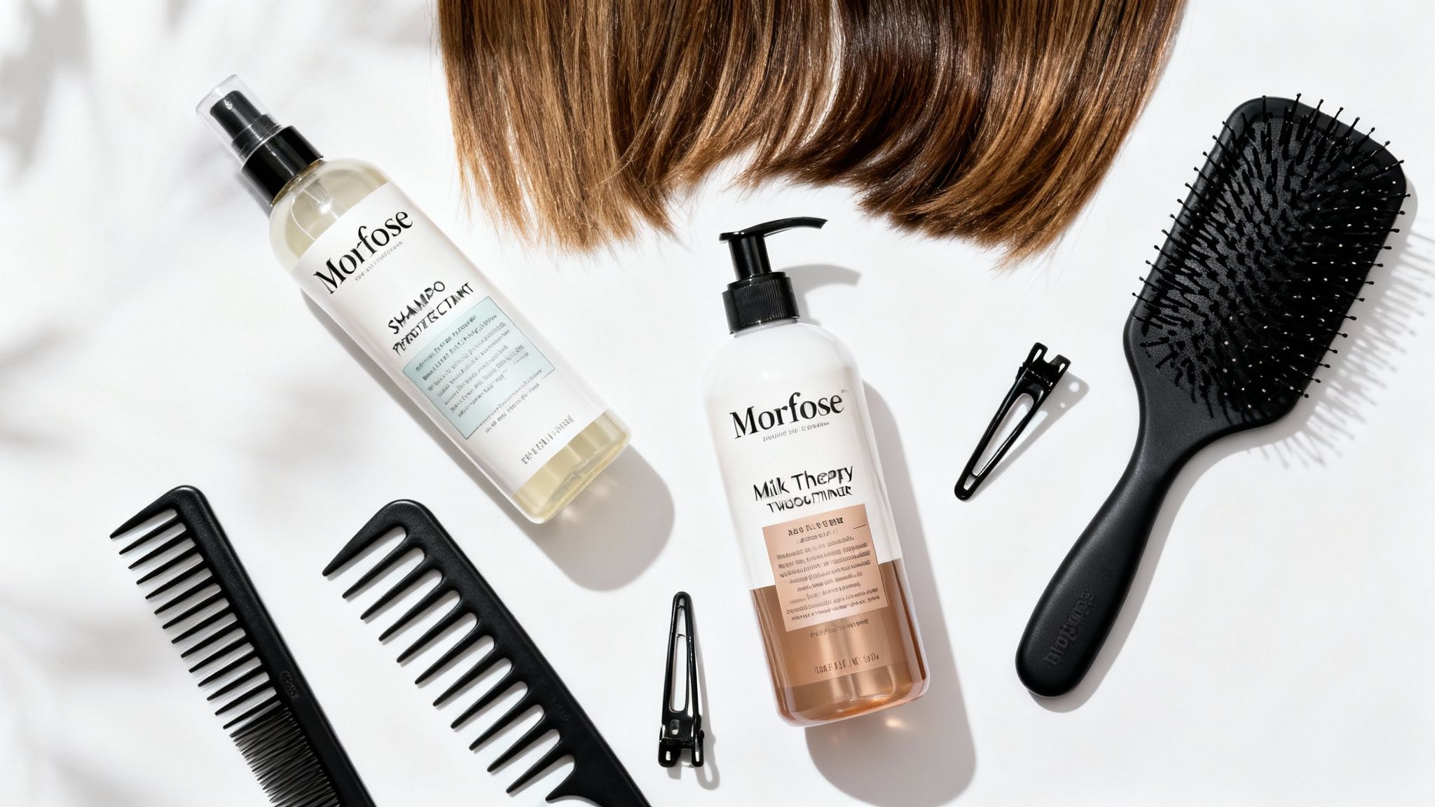 Flat lay of hair care products including shampoo, conditioner, combs, brush, and brown hair.