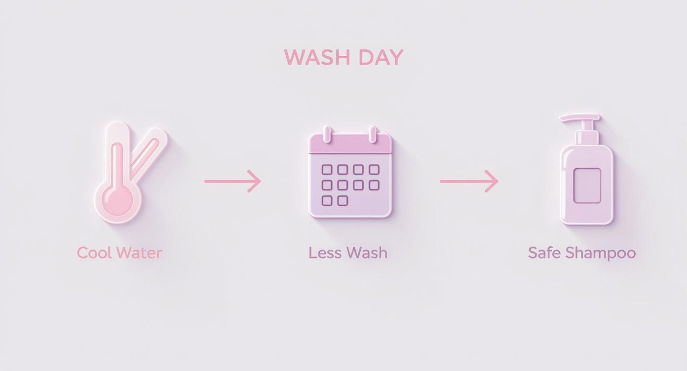Hair wash day infographic showing cool water temperature, reduced washing frequency, and safe shampoo recommendations