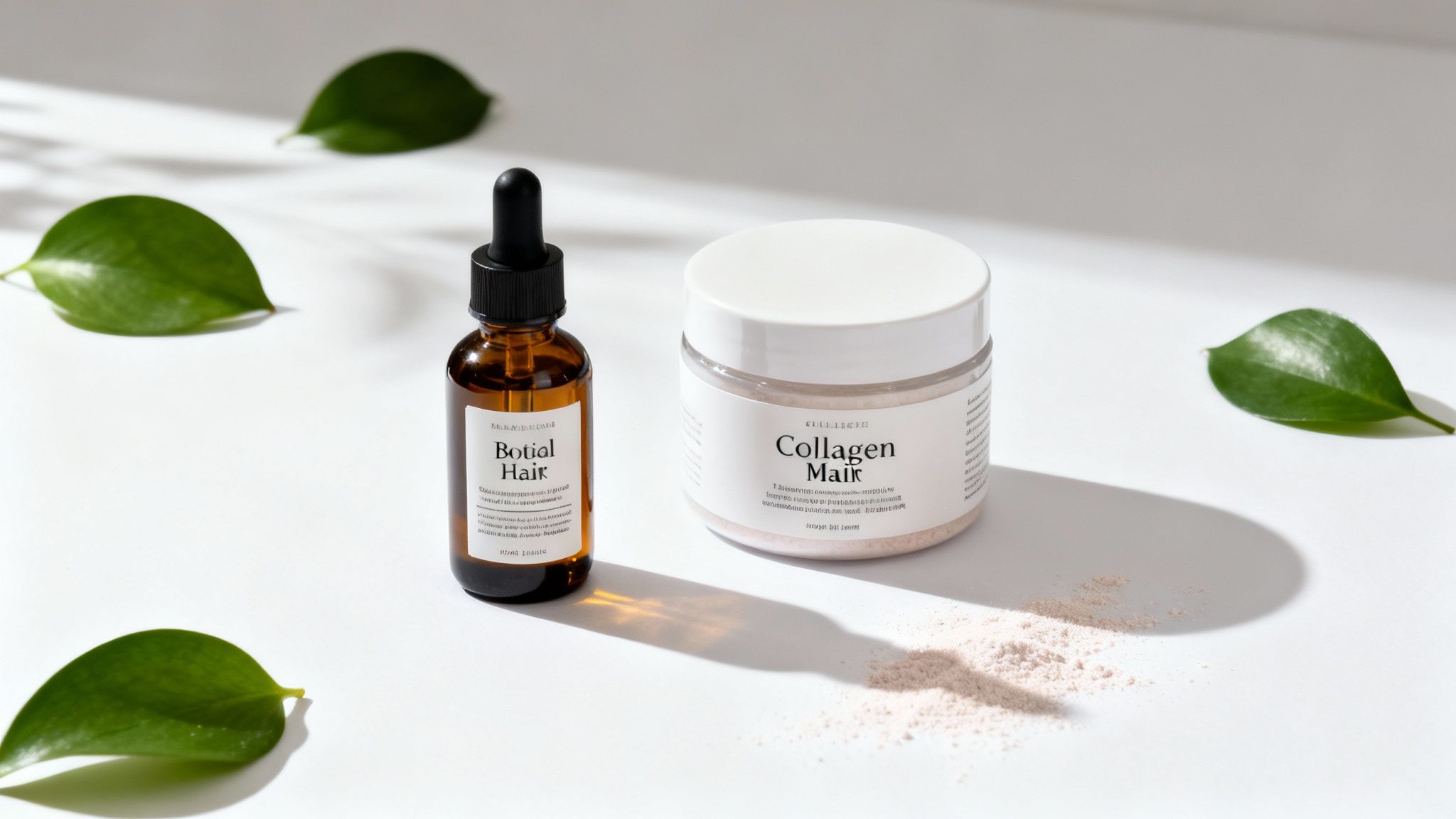 Close-up of hair growth serum and collagen mask with scattered green leaves on a white background.