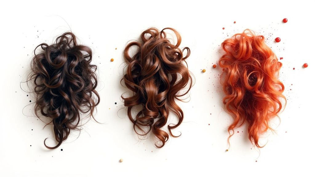 A woman examining a single strand of her long, healthy curly hair.