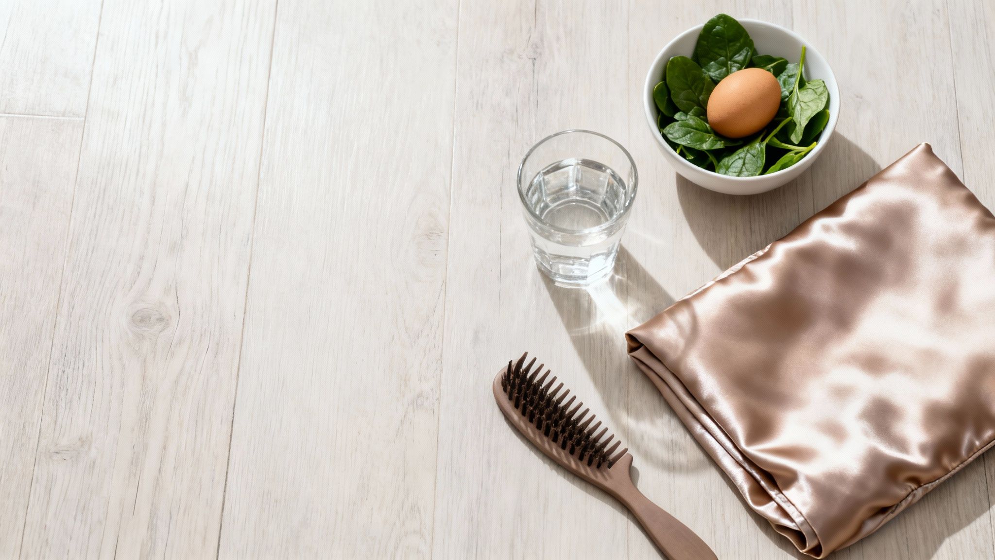 A health and beauty flat lay with spinach, an egg, water, a silk pillowcase, and a hairbrush on a wooden floor.