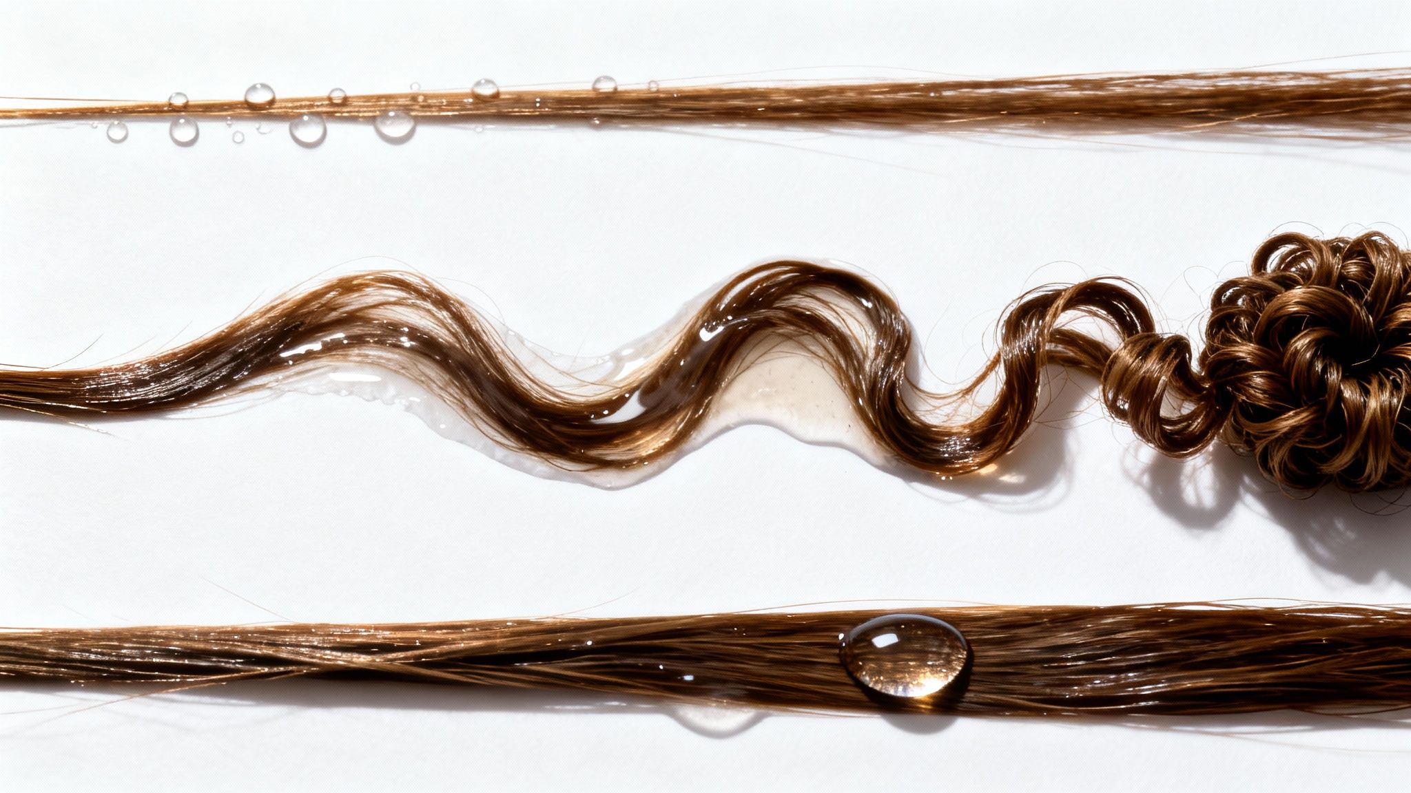 Three brown hair strands showcasing different textures, water droplets, and a clear hair product.