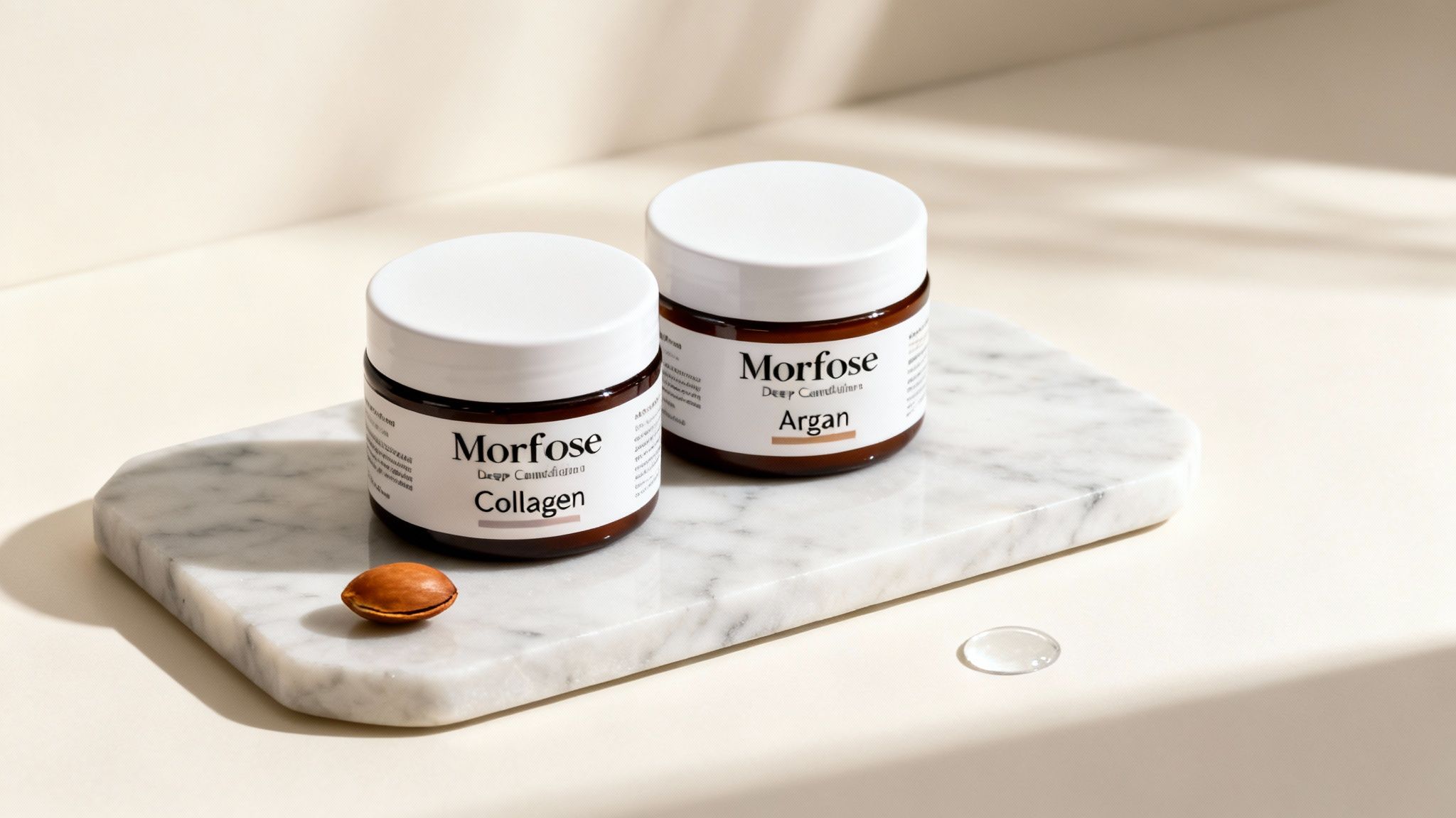 Two Morfose deep conditioner jars, one Collagen and one Argan, on a marble tray with an argan nut and oil drop.