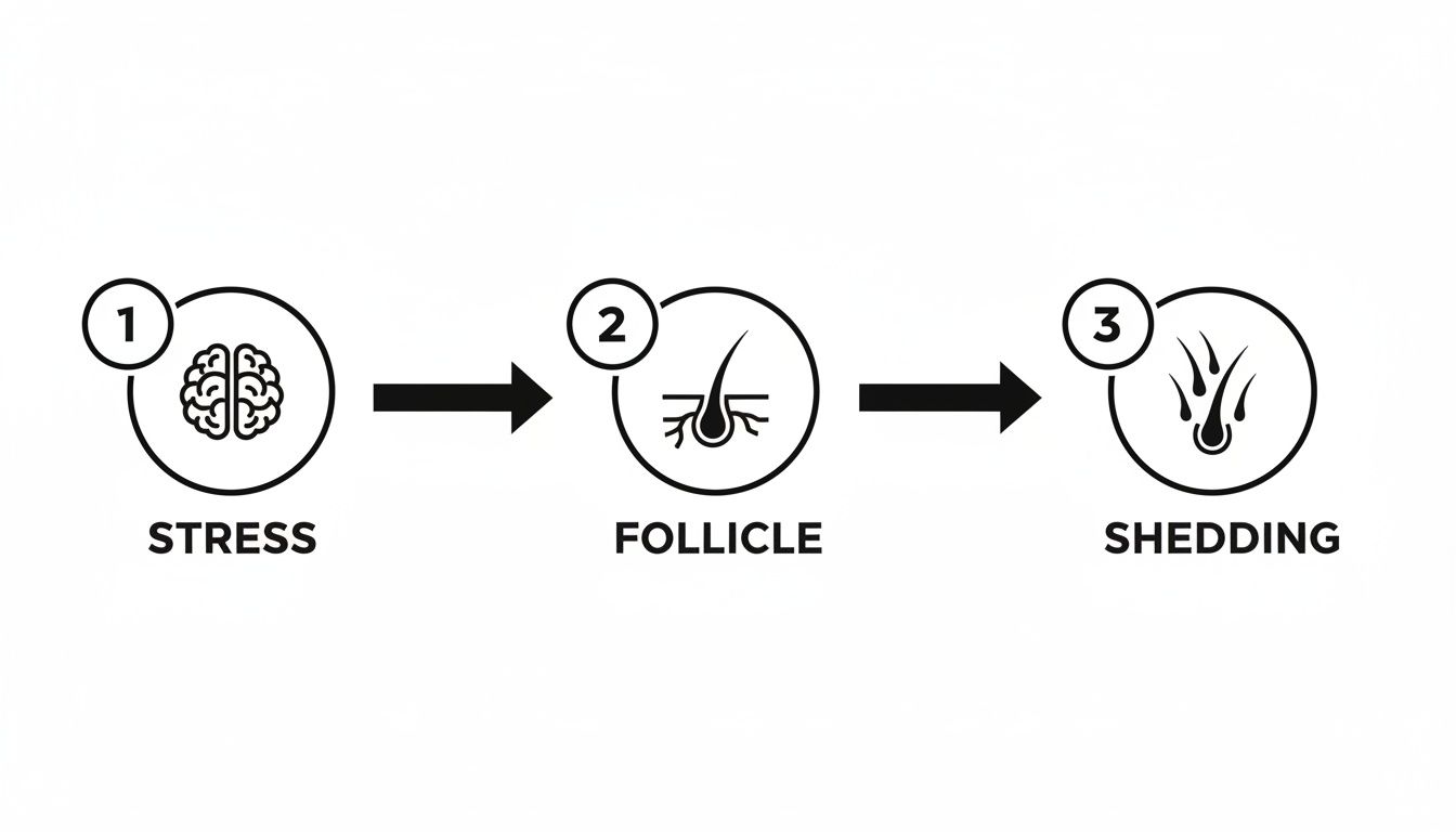 A three-step diagram illustrating the process: Stress (brain icon) leads to Follicle (hair follicle icon), resulting in Shedding (falling hair icon).