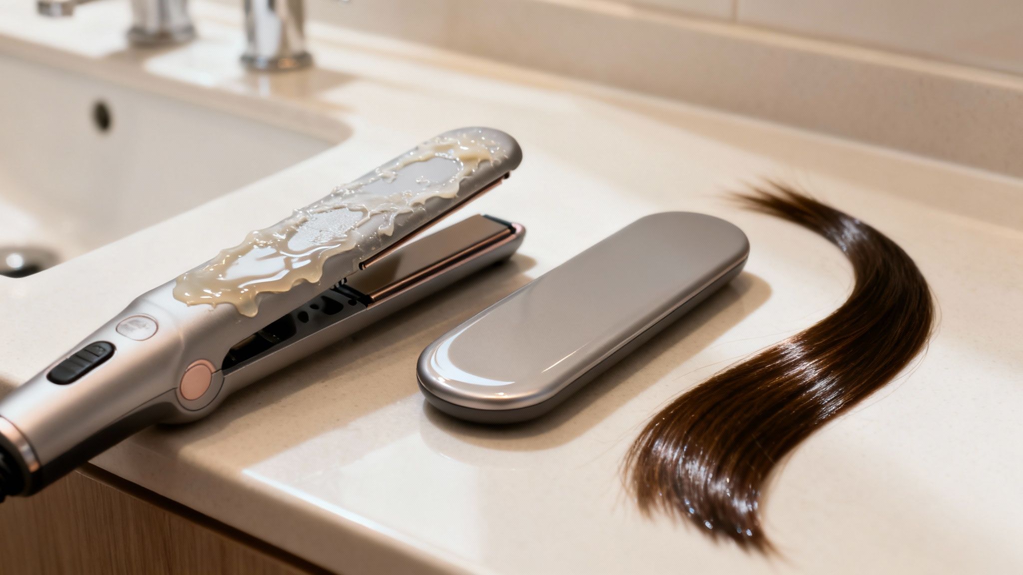Close-up of a dirty hair straightener covered in sticky residue, with a hair strand.