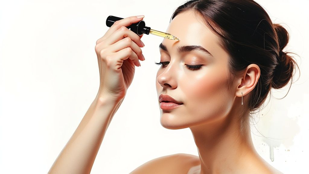 Woman applying a hair growth serum to her forehead with a dropper, eyes closed.