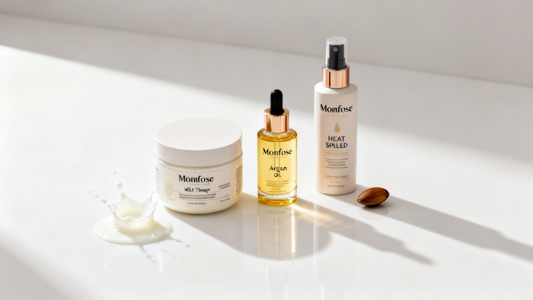 Monfose hair products: milk therapy cream, argan oil serum, and heat protectant spray with a milk splash and argan nut.