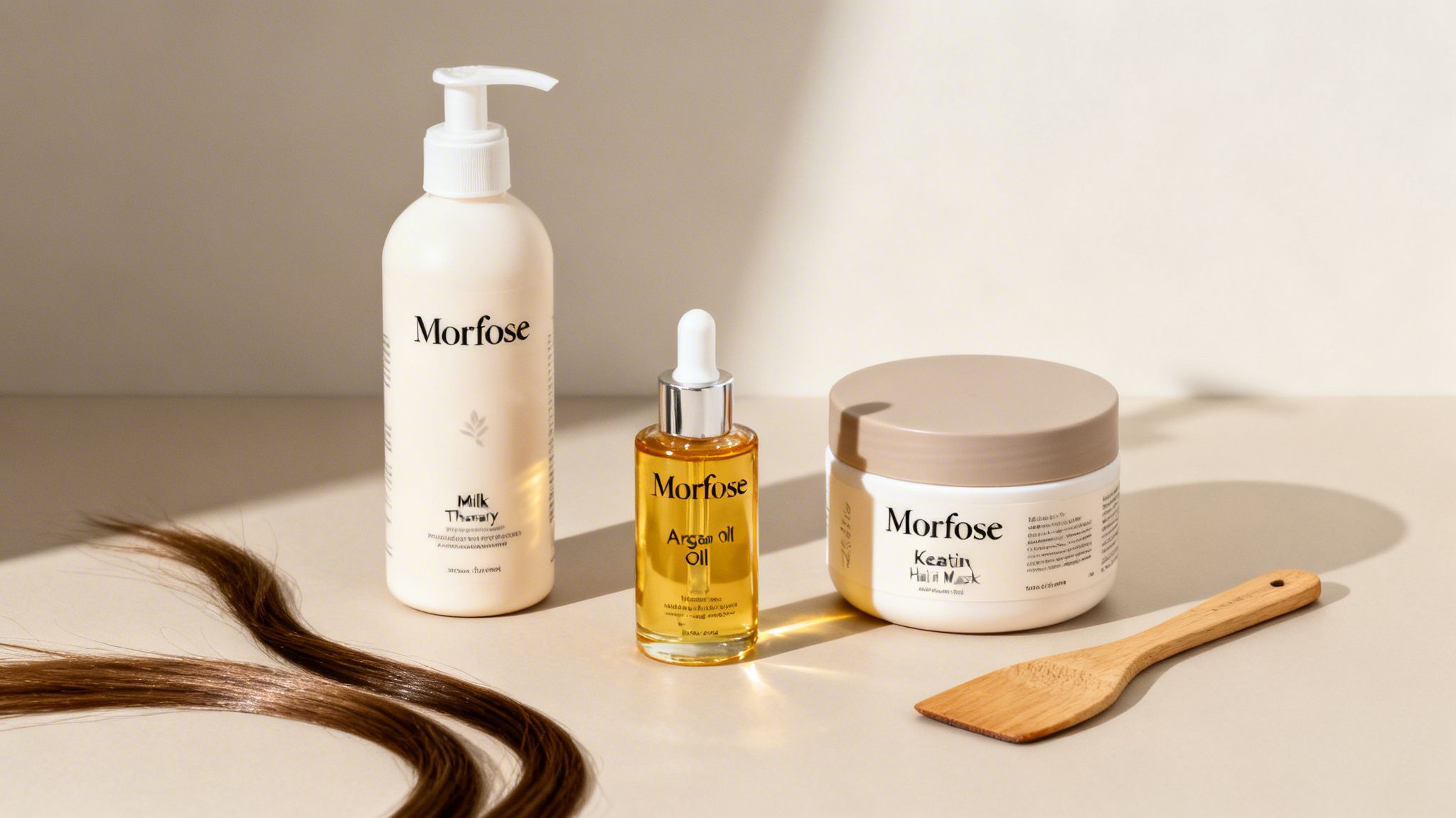 Morfose hair care products: Milk Therapy lotion, Argan Oil, and Keratin Hair Mask with strands of hair.