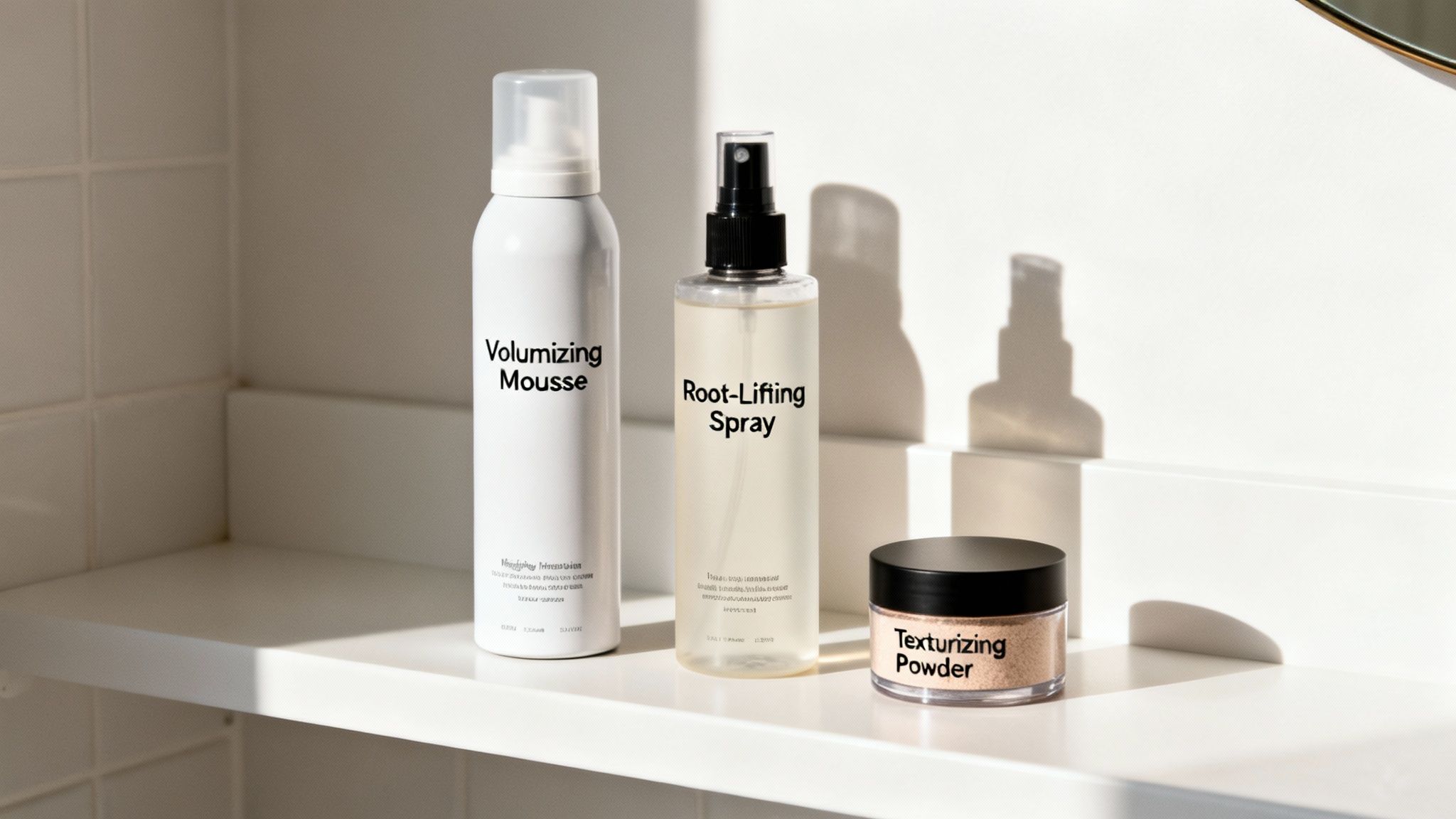 Three hair styling products, volumizing mousse, root-lifting spray, and texturizing powder, on a white shelf.