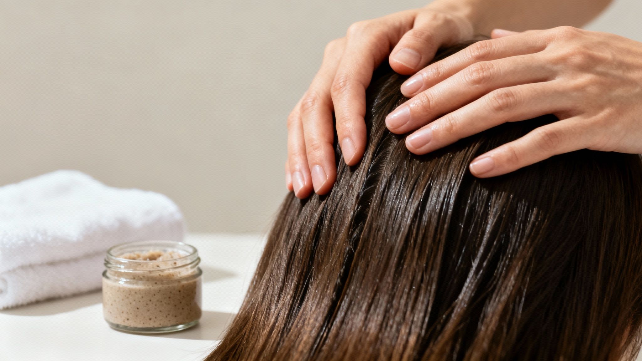 Close-up of hands massaging a person's scalp with a hair treatment, next to a jar of scrub and towels.