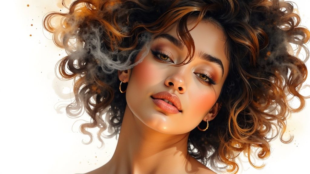 A woman with natural curly hair smiling while a hot oil treatment is being applied to her hair.