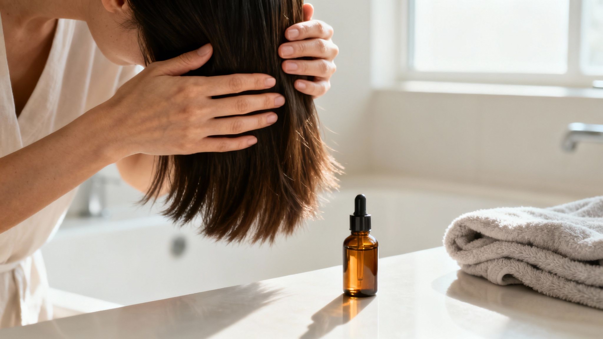 A woman in a white robe examines her dark hair with her hands, a hair oil bottle on the counter.