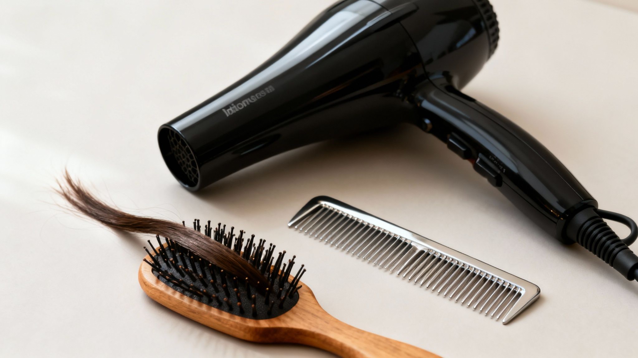 Hair care essentials: a black hairdryer, a wooden brush with hair, and a silver comb on a light surface.