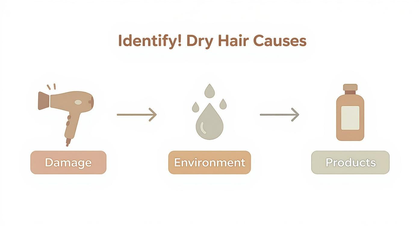 A diagram identifying dry hair causes: damage from heat, environmental factors like humidity, and hair products.