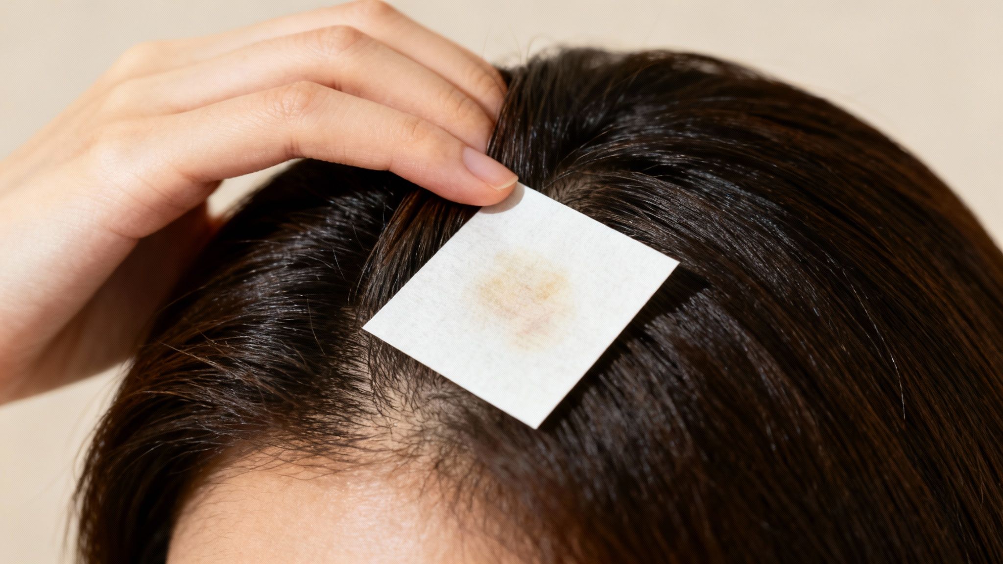 A person's hand holds an oil blotting paper against dark hair, revealing an oily scalp.