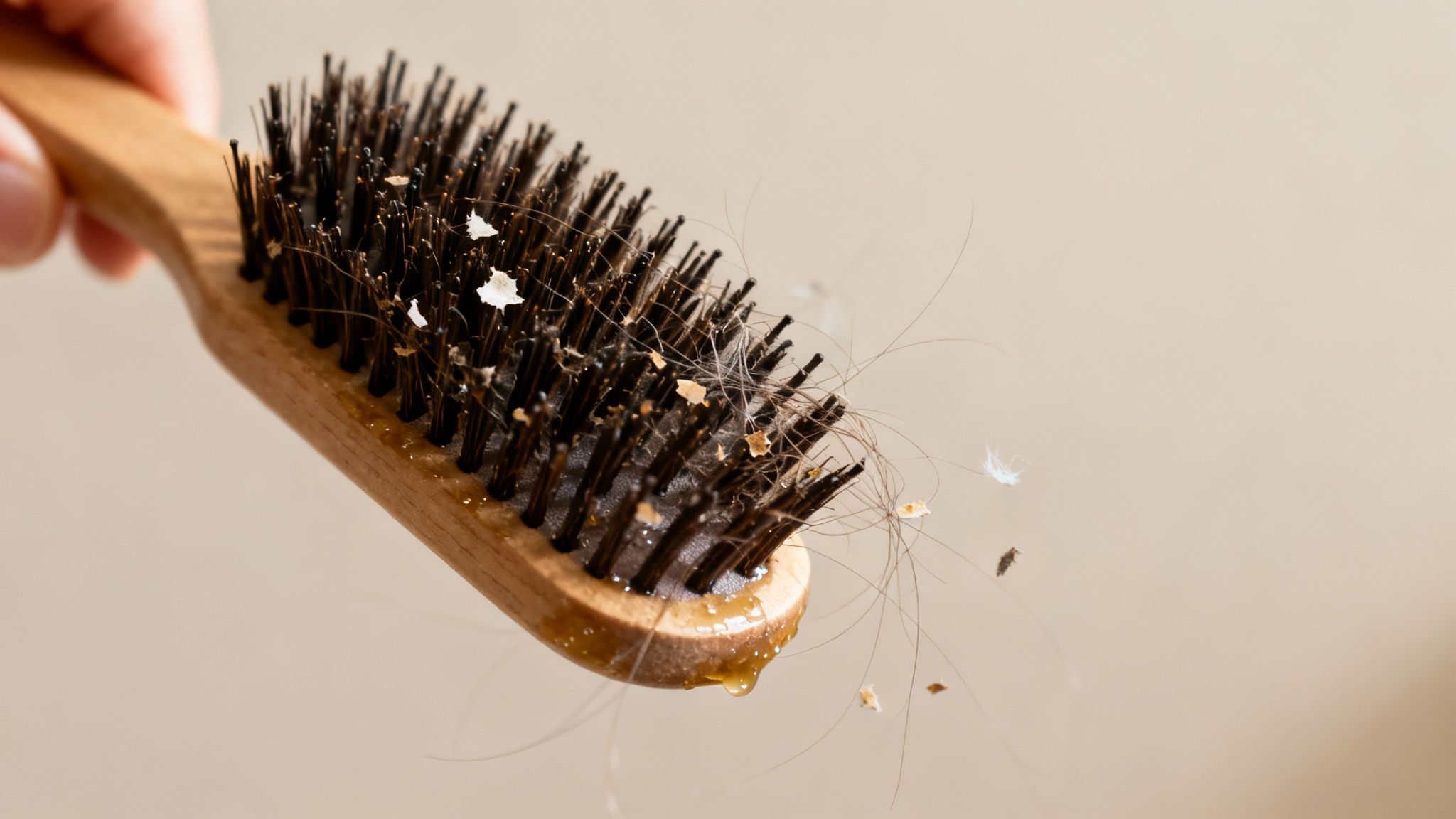A close-up of a person holding a dirty wooden hairbrush with tangled hair, dandruff, and product residue.