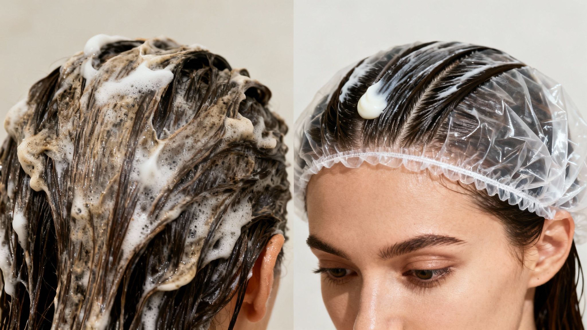 Hair care routine showing a person washing hair with shampoo foam and applying deep conditioner under a shower cap.