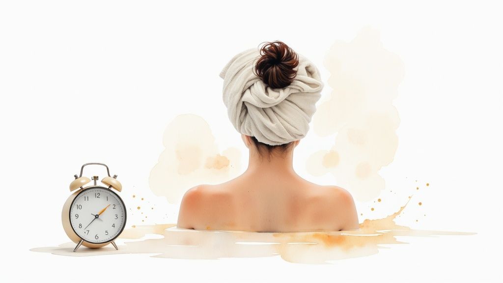Rear view of a person with a towel-wrapped head taking a relaxing bath with an alarm clock.