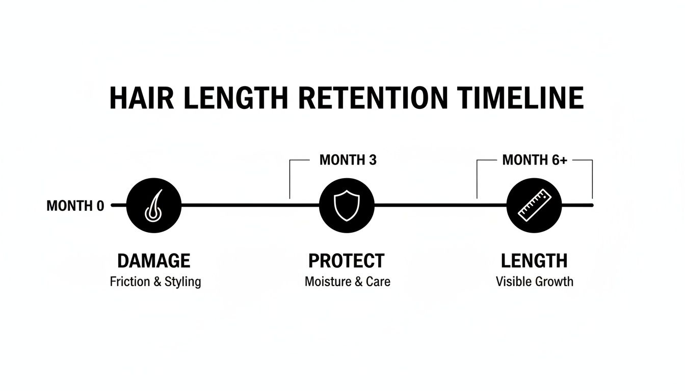 Hair length retention timeline illustrating damage, protection, and visible growth over 6+ months.