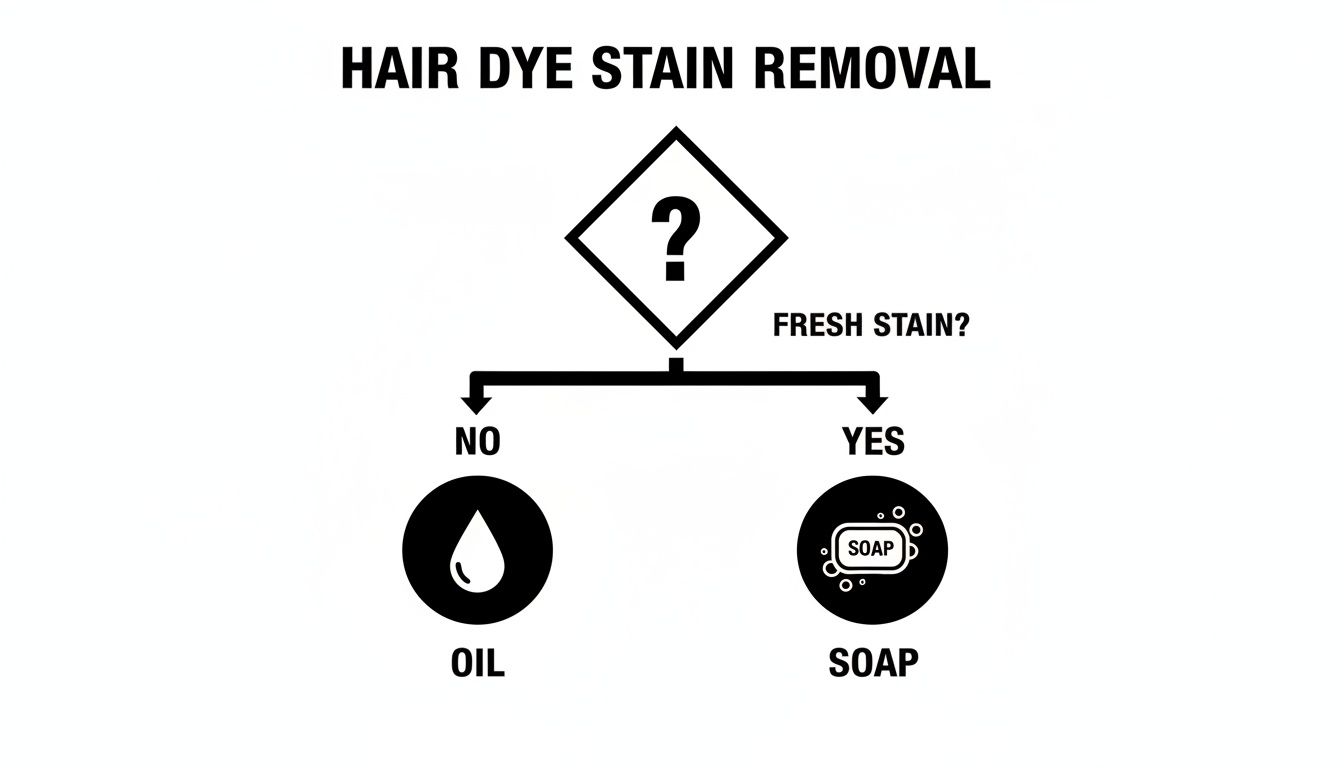 Flowchart showing hair dye stain removal. Fresh stains use soap, while older stains require oil.