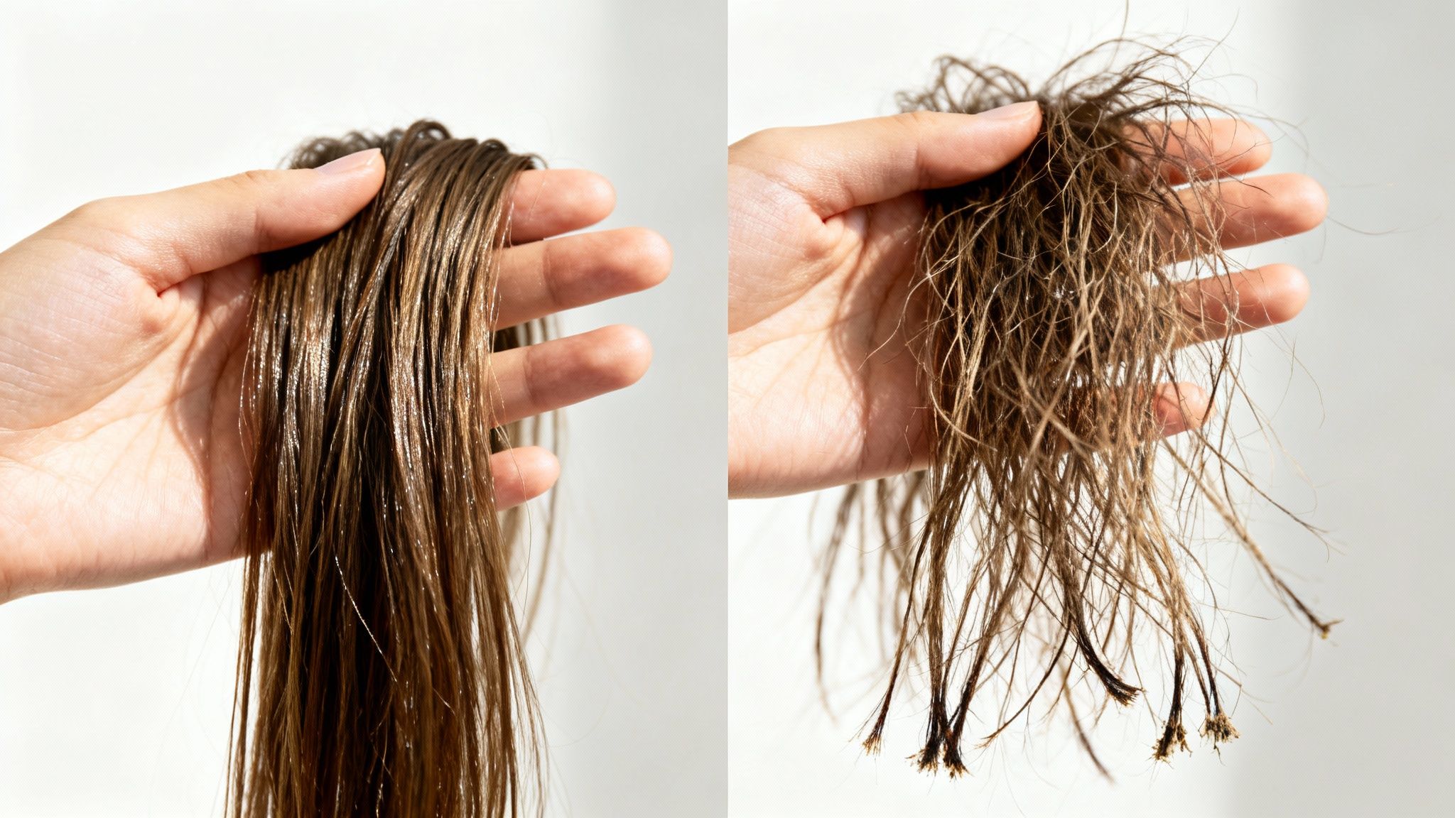 A hand holding two clumps of wet brown hair, one smooth and one damaged with split ends.