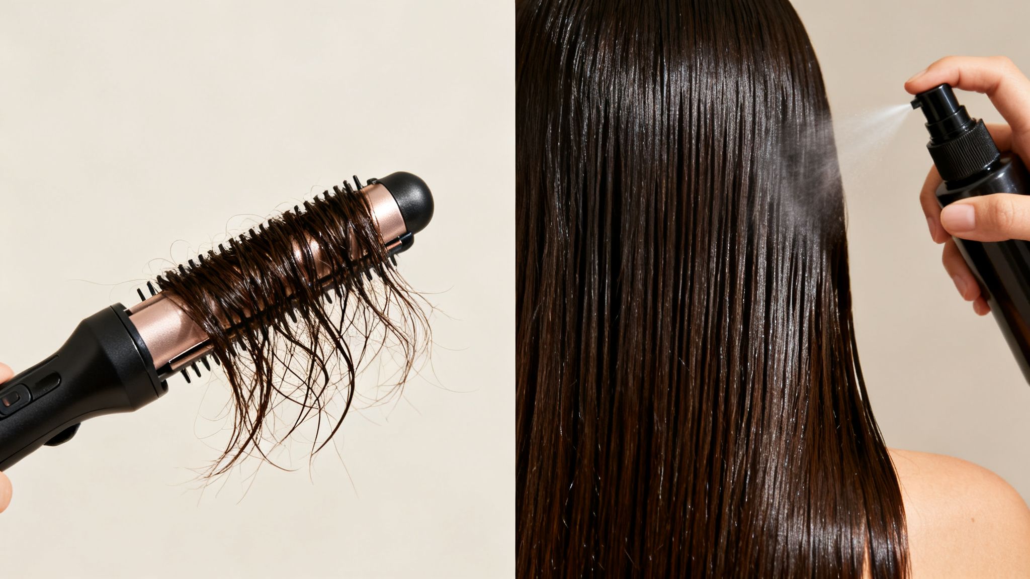 A curling iron with dry, damaged hair next to a hand spraying heat protectant on wet, sleek hair.