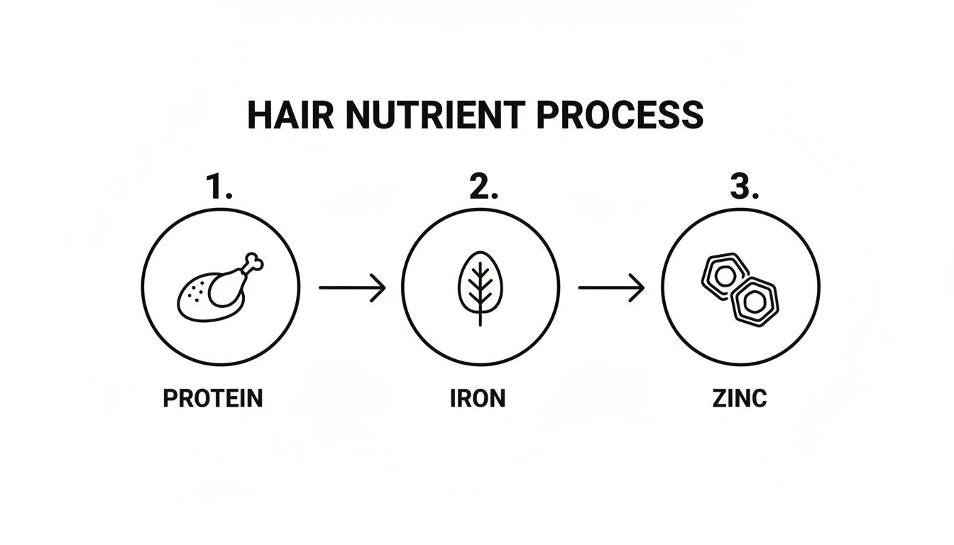 Diagram illustrating the three-step hair nutrient process: Protein from chicken, Iron from greens, and Zinc.