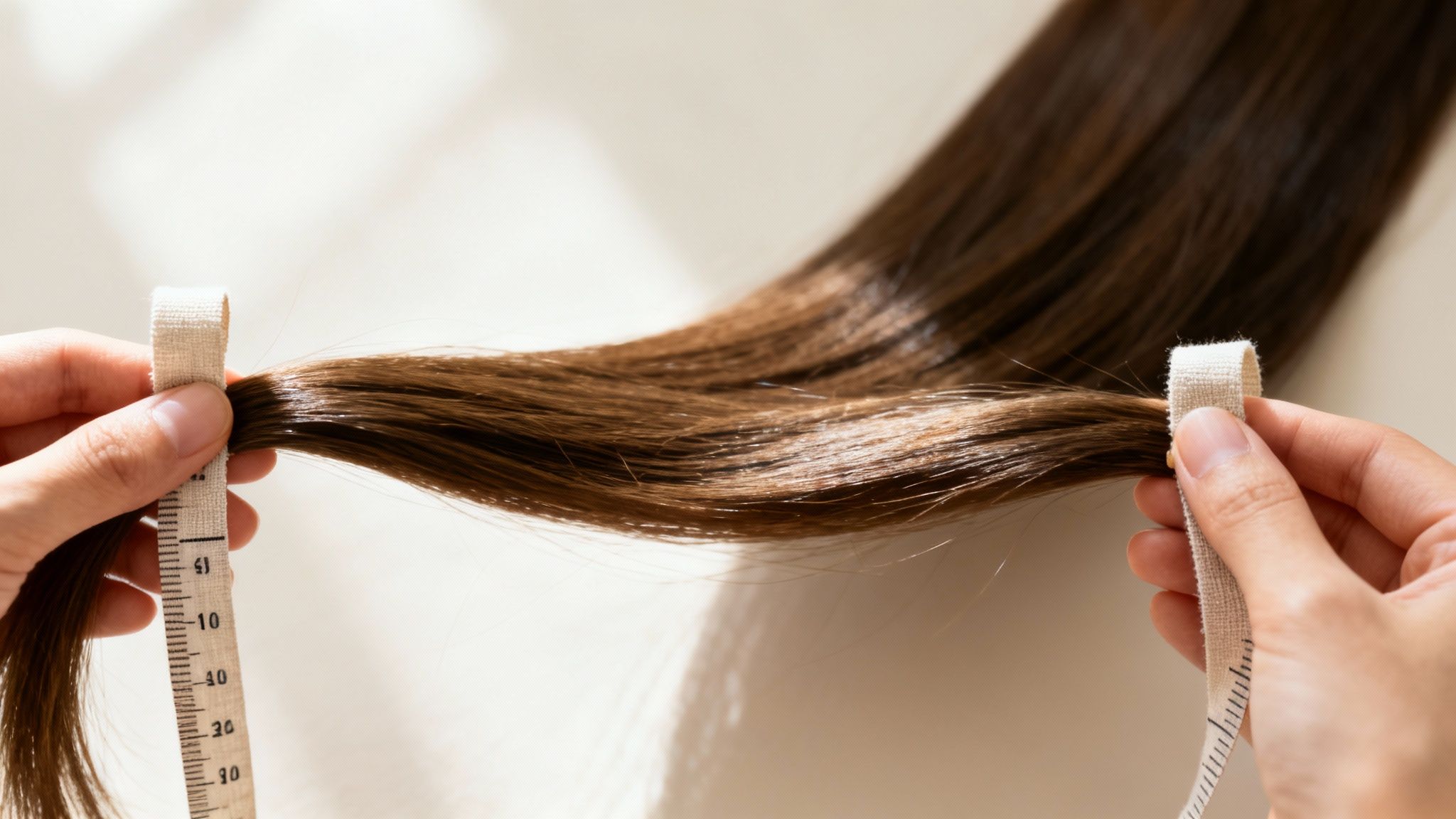 Hands measuring a long strand of shiny brown hair with a white measuring tape.