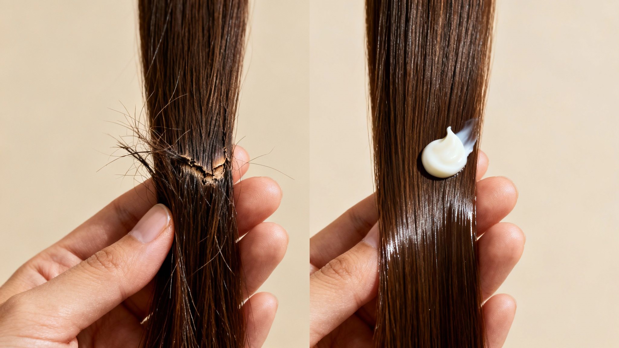 A split image showing severely damaged, brittle hair on the left and smooth, healthy hair with a white cream on the right.