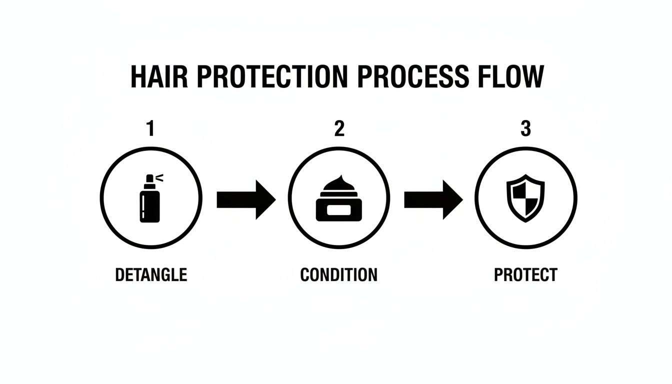 A three-step hair protection process flow diagram showing detangle, condition, and protect with icons.