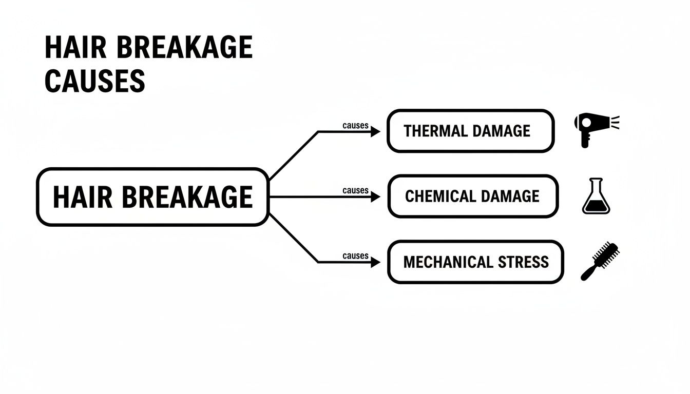 Diagram illustrating the main causes of hair breakage, including thermal, chemical, and mechanical stress.