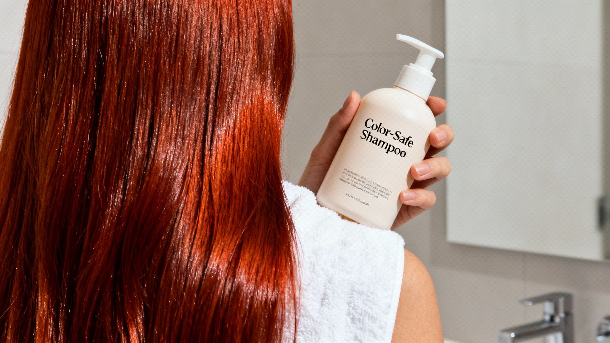 A person with vibrant, long red hair holds a bottle of Color-Safe Shampoo in a bathroom.