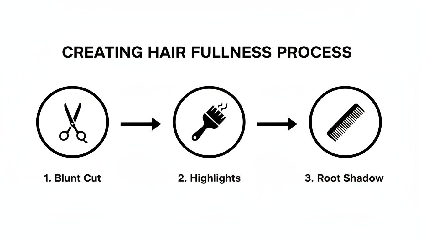 A diagram illustrating the three-step process for creating hair fullness: blunt cut, highlights, and root shadow.