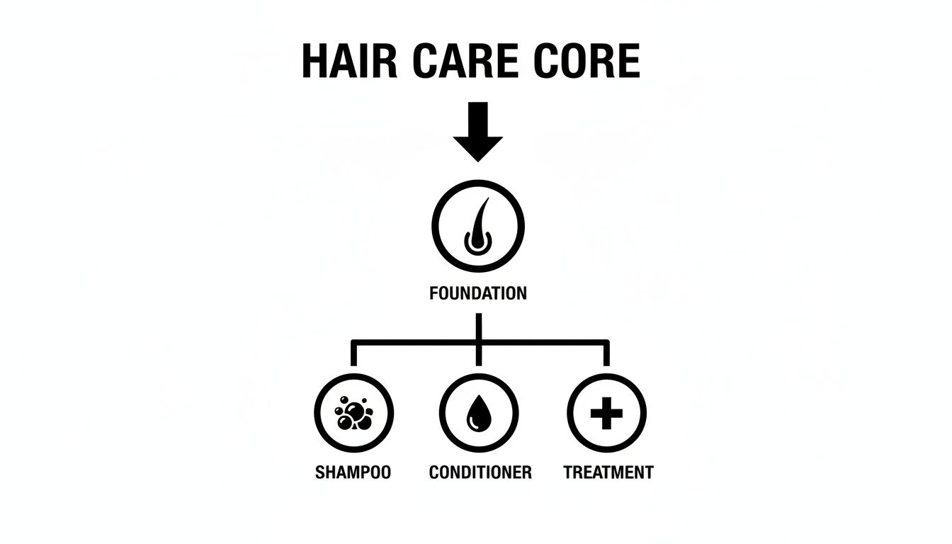 Diagram illustrating hair care core, starting with foundation, followed by shampoo, conditioner, and treatment.