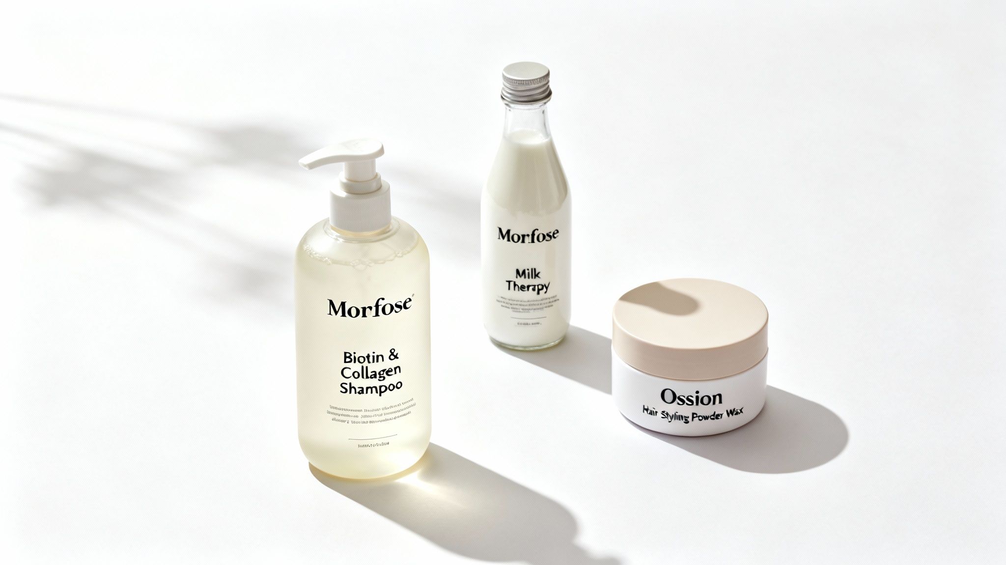 A clean, bright image of hair care products: shampoo, milk therapy, and styling wax.