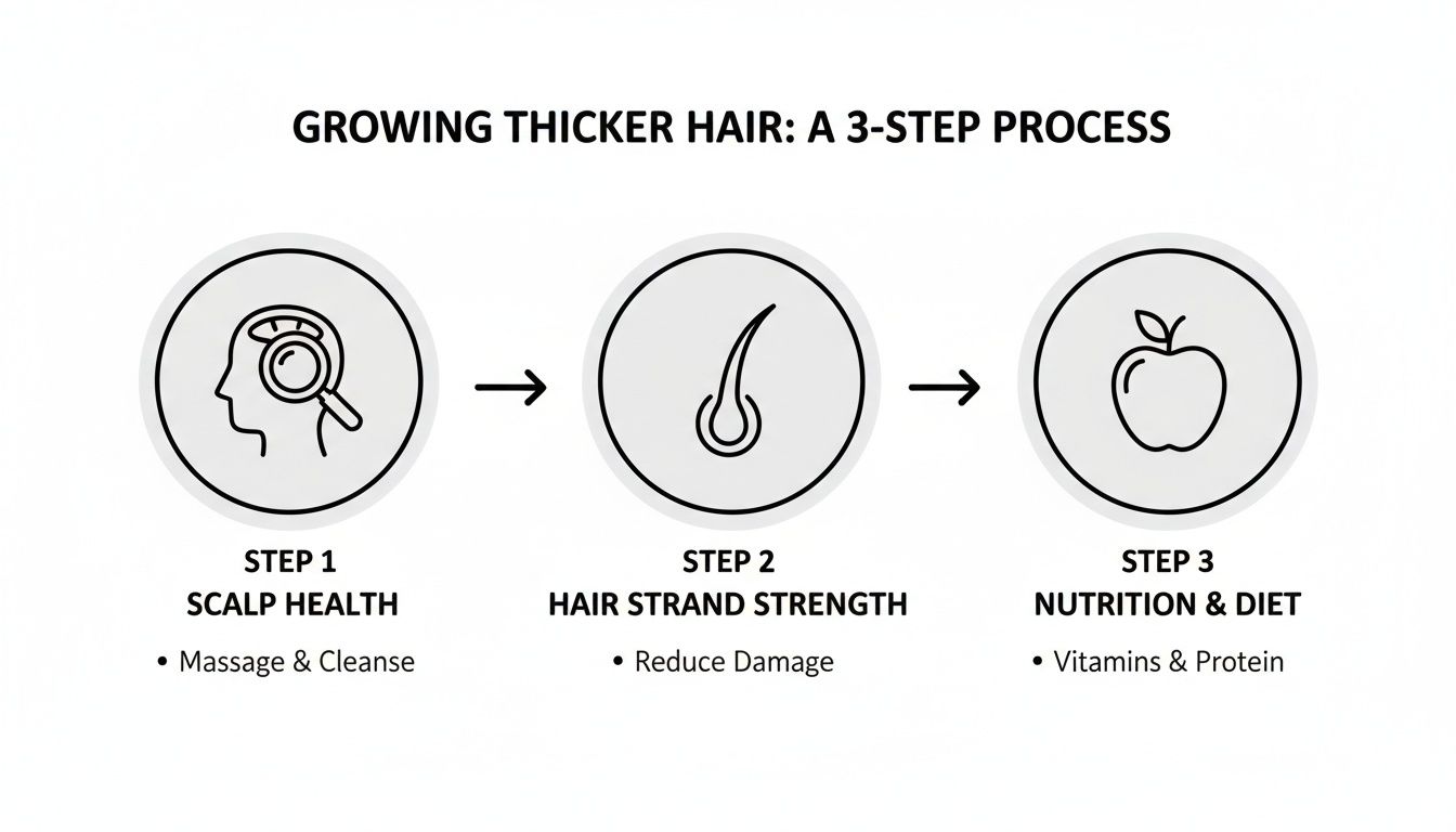 A 3-step process for growing thicker hair, detailing scalp health, hair strand strength, and nutrition.