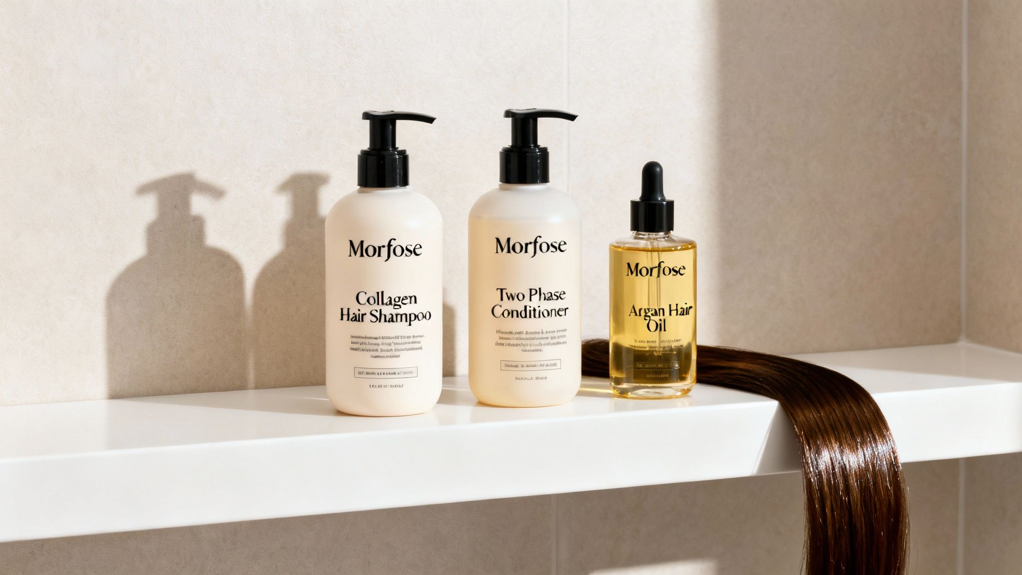 Morfose collagen shampoo, two-phase conditioner, and argan hair oil with shiny brown hair.