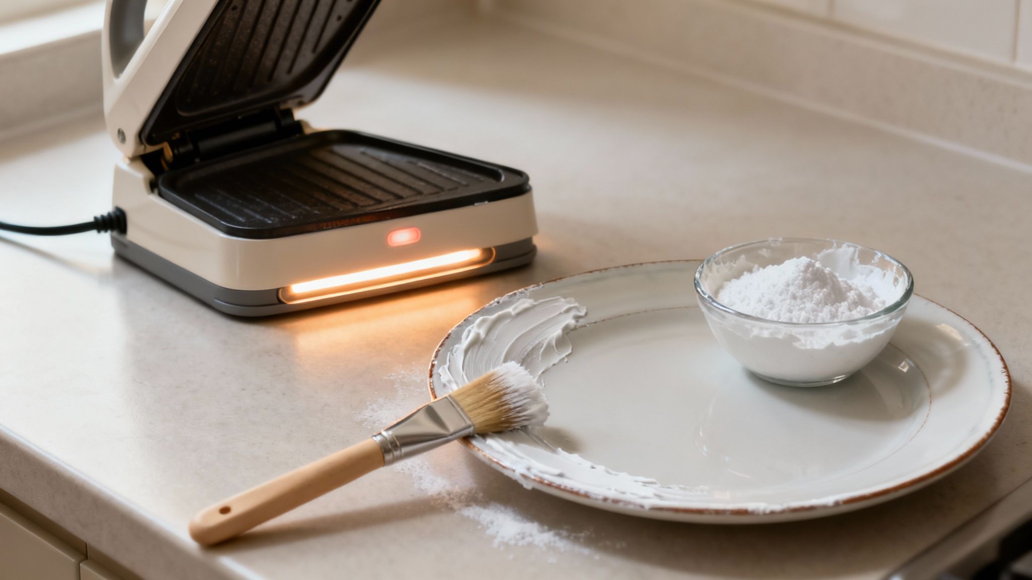 An open waffle maker with indicator lights on, next to a plate with a brush applying white cream.