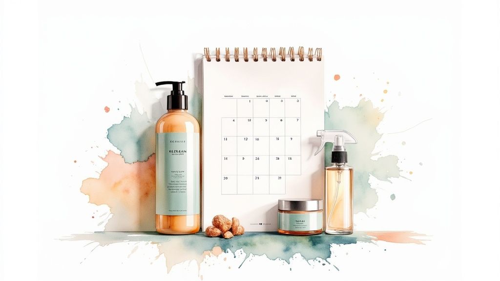 Keratin hair treatment products displayed with calendar and watercolor background for beauty routine planning