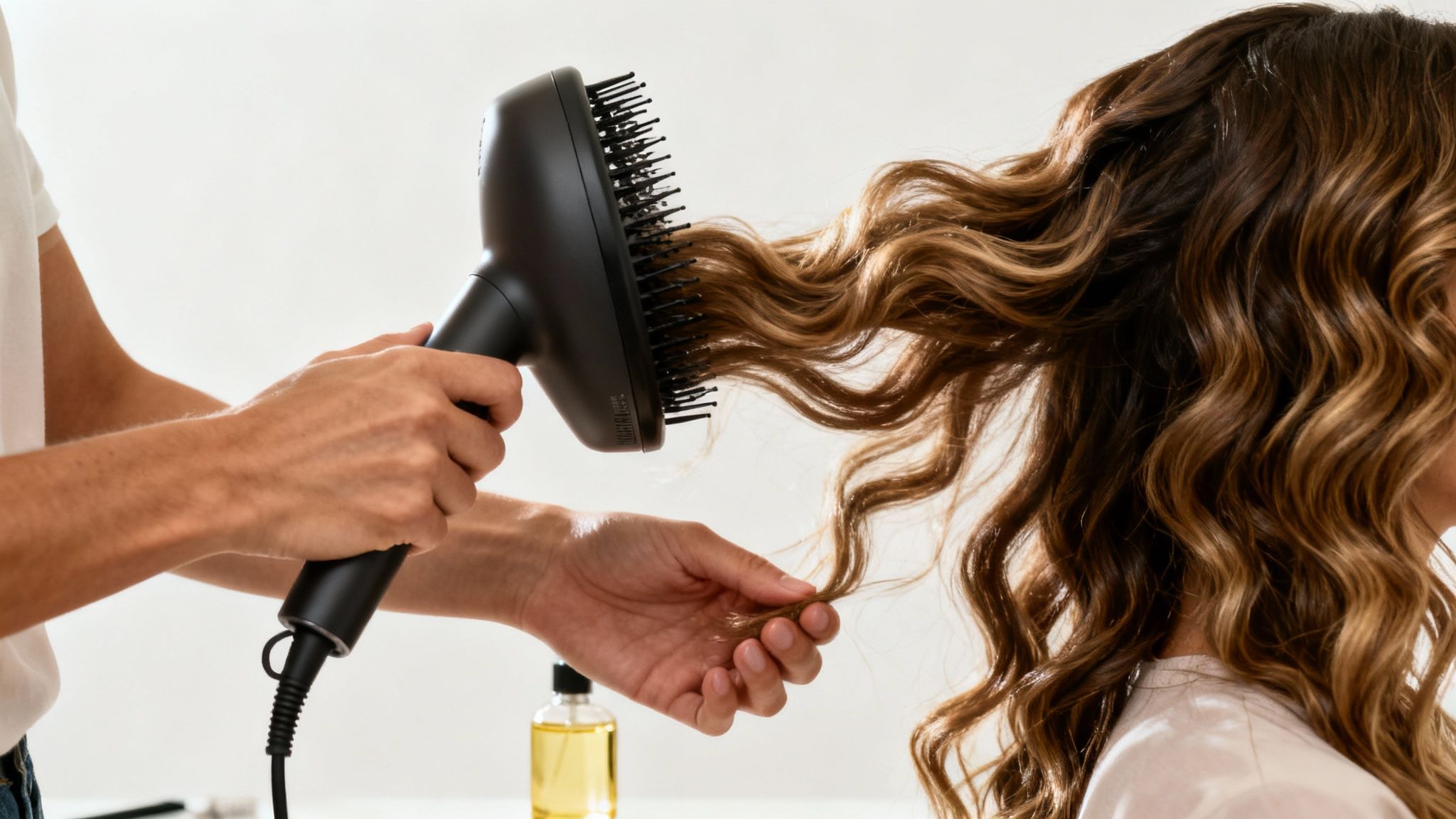 Close-up of hands using a hair dryer brush to style wavy, highlighted brown hair.