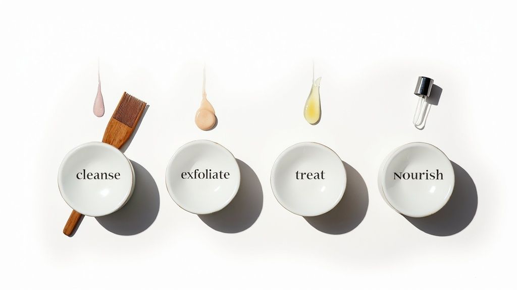 Four bowls display a scalp health routine: cleanse, exfoliate, treat, and nourish with products.
