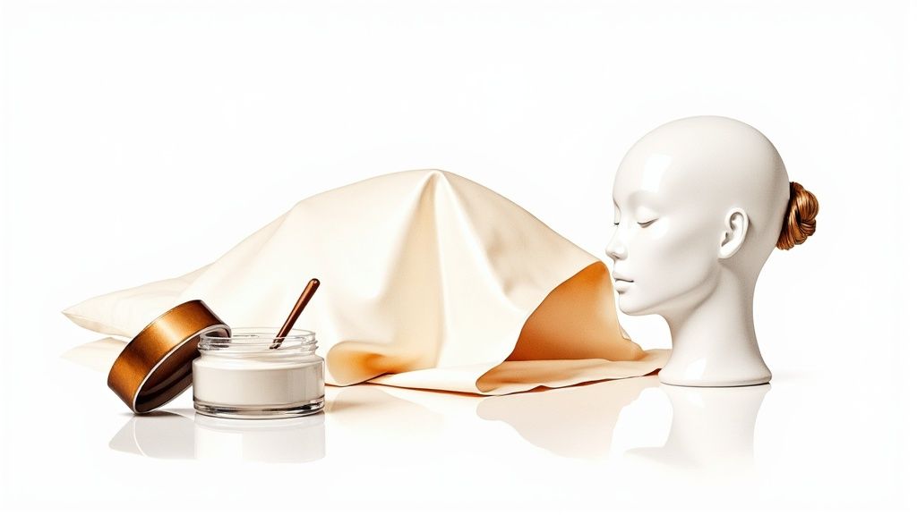 White mannequin head with hair bun next to cream jar and copper silk cloth on reflective surface