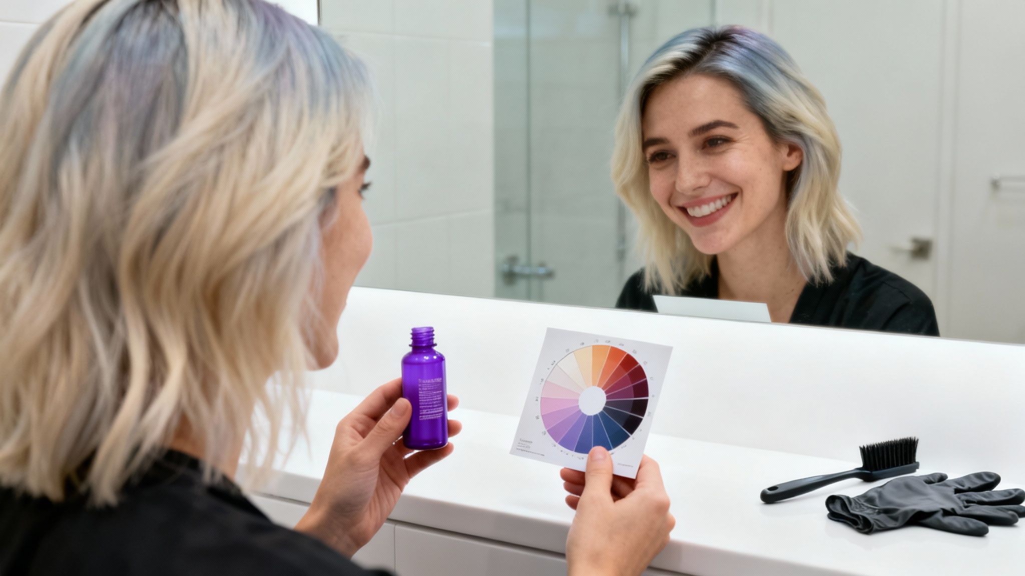 A smiling woman with blonde and purple hair holds a hair color chart and purple bottle, preparing to color her hair.