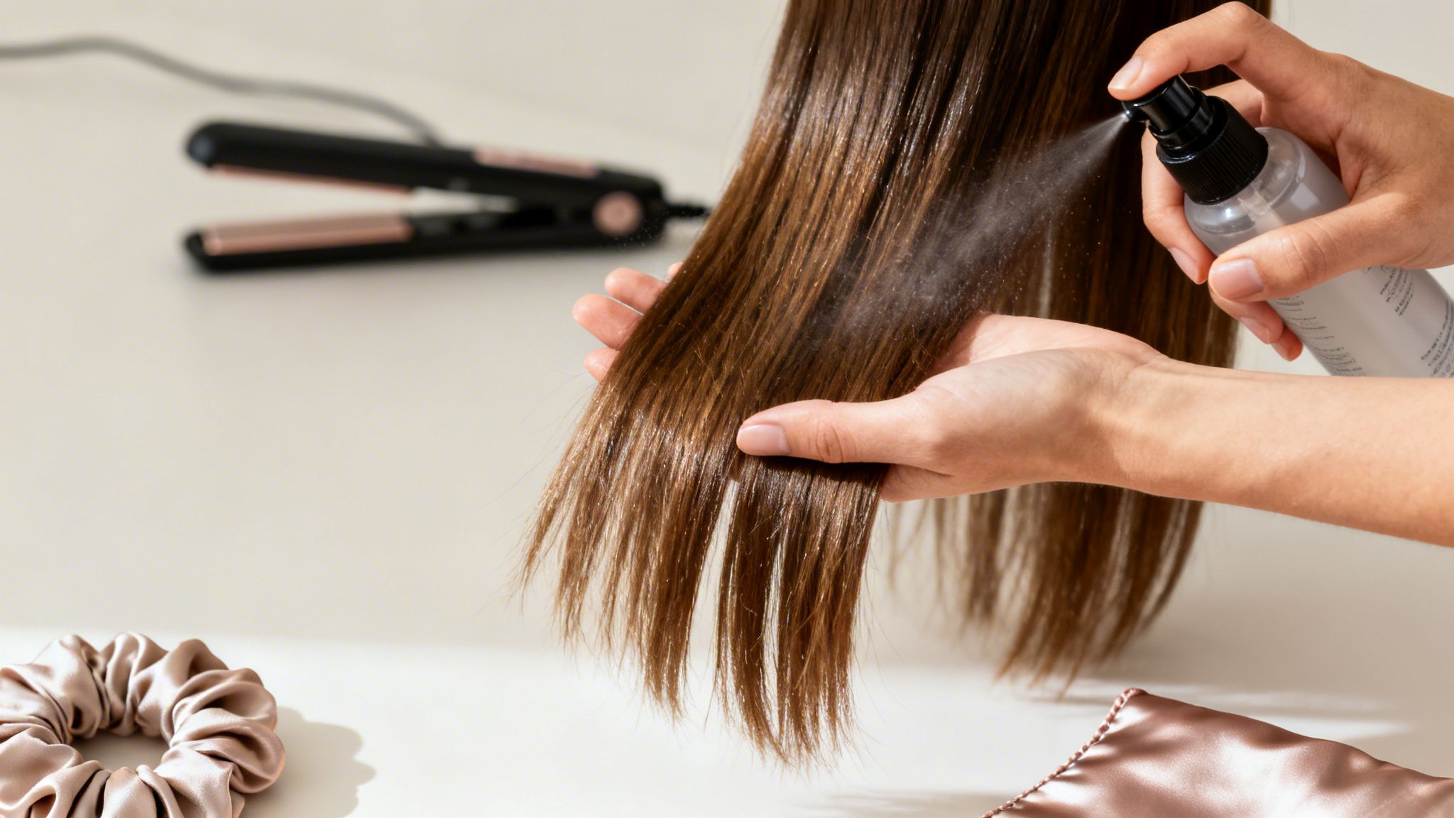 Close-up of hands spraying heat protectant onto long brown hair before straightening, with styling tools.