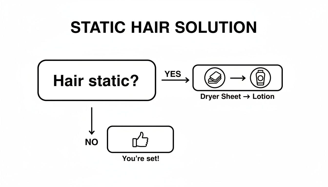 A flowchart titled 'STATIC HAIR SOLUTION' suggesting using a dryer sheet then lotion for static hair.