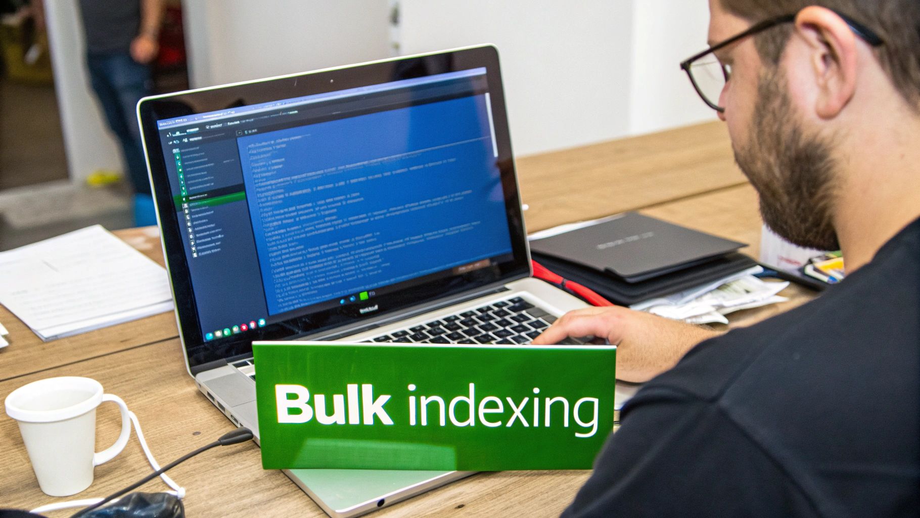 A developer with glasses and a beard works on a laptop screen showing code, with a 'Bulk indexing' sign.