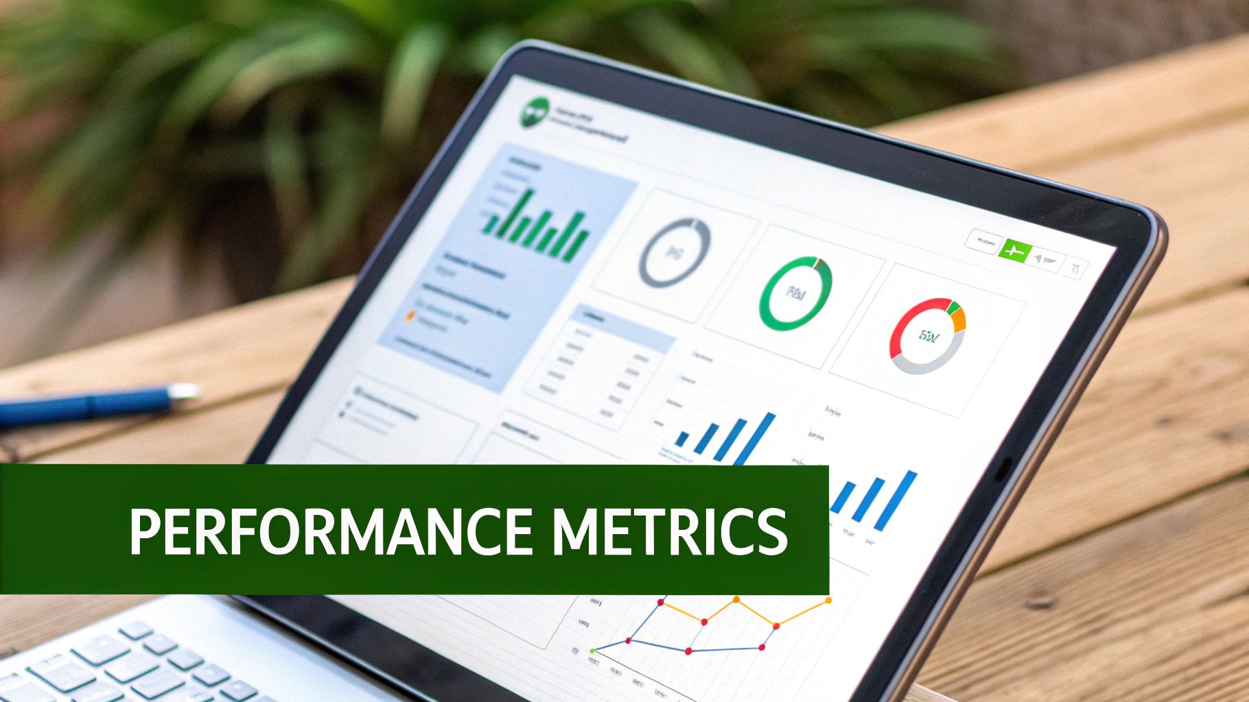 A laptop displays a digital dashboard with performance metrics, charts, and graphs on a wooden table.